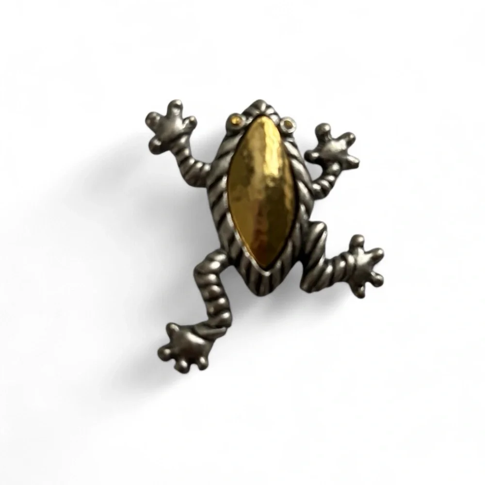 Silver Tone & Hammered Gold Tone Frog Pin Brooch with Crystal Eyes 1 3/8